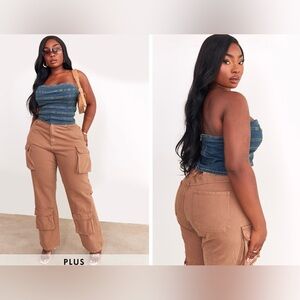 PRETTYLITTLETHING Plus Indigo Vintage Wash Seam Detail Stretch Denim Corset